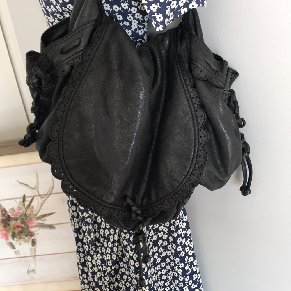 Lucky Brand Hobo Italian black leather eyelet trim